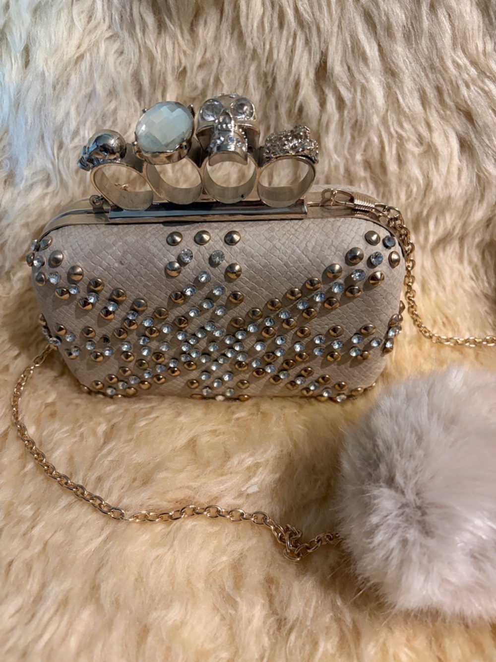 Studded Cream Knuckle-Handle Bag with Pom Pom